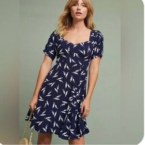 Anthropologie Maeve Navy/White Fern Print Ruched Dress Women's Size 2